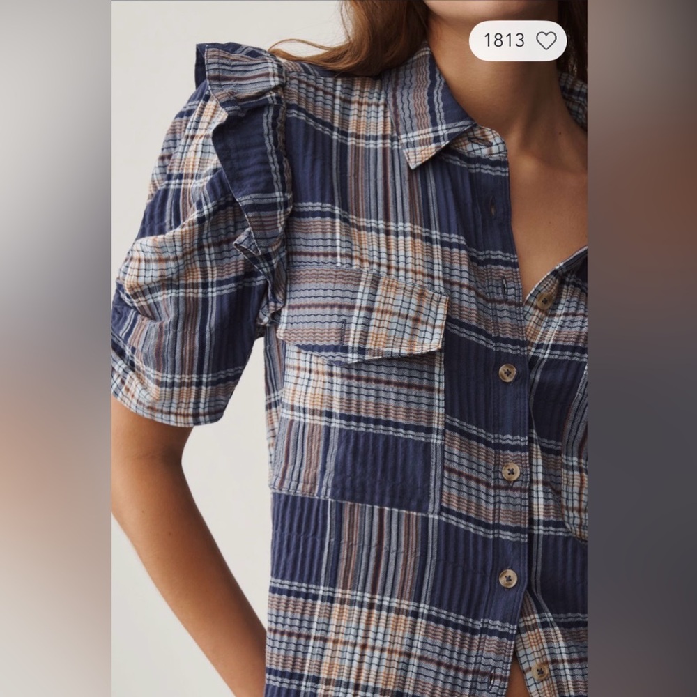Pilcro Ozzi Plaid Ruffle-Sleeve Buttondown Shirt xl - Picture 3 of 4